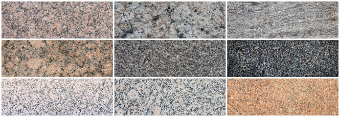 Granite texture set. Collection of panoramic stone backgrounds. Beautiful natural granite with a grainy pattern. Wide panoramas with flat solid rough surface of rock.