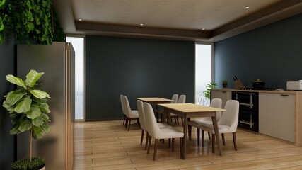 office kitchen room with 3d rendered design for company wall logo mockup