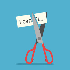 Scissors cutting I can't text. Self confidence, belief, courage, determination, motivation and resolution concept. Flat design. Vector illustration. EPS 8, no gradients, no transparency