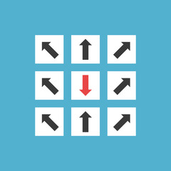 Unique different direction arrow. Disruption, change, individuality, uniqueness, standing out and personal ambition concept. Flat design. Vector illustration. EPS 8, no gradients, no transparency