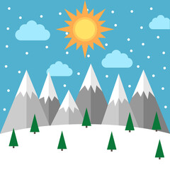 Snowy winter landscape with sun, snowfall, mountains and trees. New Year, Christmas, holiday, season and nature concept. Flat design. Vector illustration. EPS 8, no gradients, no transparency