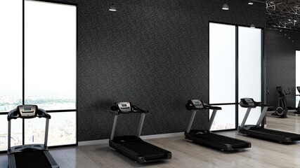 gym or fitness room with exercise equipment for logo mockup