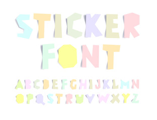 Set of realistic letters in the form of multicolored stickers. Latin alphabet.