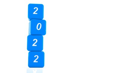 3D ILLUSTRATION OF 2022 NEW YEAR. BLUE CUBE PILE STAND WITH 2022 NUMBER ON WHITE BACKGROUND, HAPPY NEW YEAR CARD, NEW YEAR GRRETING CARD