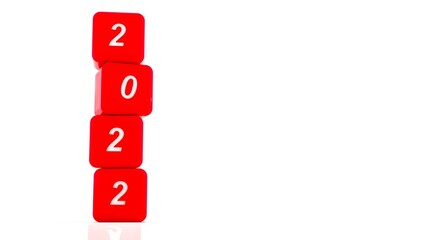 3D ILLUSTRATION OF 2022 NEW YEAR. RED CUBE PILE STAND WITH 2022 NUMBER ON WHITE BACKGROUND, HAPPY NEW YEAR CARD, NEW YEAR GRRETING CARD