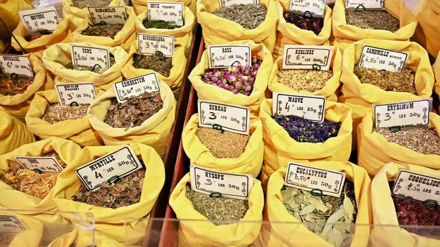 Spice counter at a market pavilion in Cannes, France