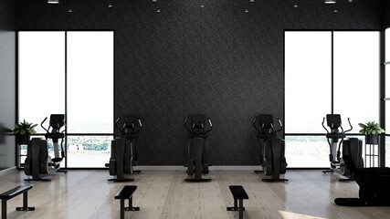 A black blank wall in modern gym interior with wooden floor