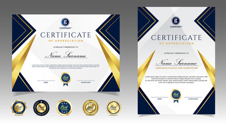 Certificate of appreciation template, gold and blue color. Clean modern certificate with gold badge. Certificate border template with luxury and modern line pattern. Diploma vector template
