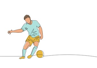 One single line drawing of young strong football defender block the ball and control it avoiding opponents. Soccer match sports concept. Continuous line draw design vector illustration