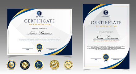 Certificate of appreciation template, gold and blue color. Clean modern certificate with gold badge. Certificate border template with luxury and modern line pattern. Diploma vector template
