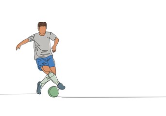Obraz premium One continuous line drawing of young energetic football player controlling and dribbling the ball at the game. Soccer match sports concept. Single line draw design vector illustration