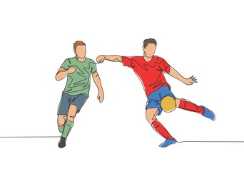 Fototapeta na wymiar One continuous line drawing of young energetic striker kicking the ball but the defender try to block the shoot. Soccer match sports concept. Single line draw design vector illustration