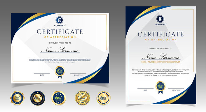 Certificate of appreciation template, gold and blue color. Clean modern certificate with gold badge. Certificate border template with luxury and modern line pattern. Diploma vector template
