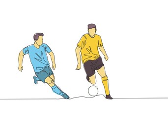 Obraz premium Single continuous line drawing of young energetic football player chasing opponent player who dribbled the ball passing him. Soccer match sports concept. One line draw design vector illustration