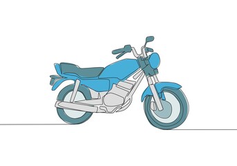 Obraz na płótnie Canvas Single continuous line drawing of classic motorbike logo. Rural motorcycle concept. One line draw design vector illustration