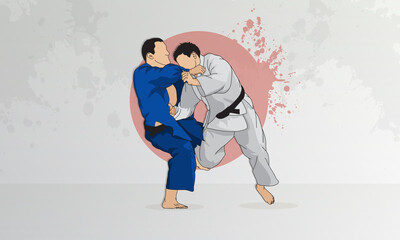 The confrontation of two men in judo wrestling. Abstract background