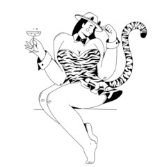 Beautiful girl in a tiger cosplay costume with a hat and a glass.