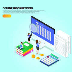 Online bookkeeper working 3d isometric vector illustration concept for banner, website, landing page, ads, flyer template