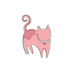 One single line drawing of simple cute cat kitten icon. Kitty pet shop logo emblem vector concept. Modern continuous line draw graphic design illustration