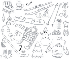 Fototapeta premium Winter doodles. Winter set of different things for entertainment and holidays. Vector