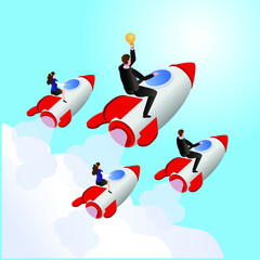 Business people with light bulb flying on rockets 3d isometric vector illustration concept for banner, website, landing page, ads, flyer template