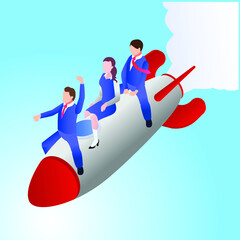 Business team flying on a rocket 3d isometric vector illustration concept for banner, website, landing page, ads, flyer template