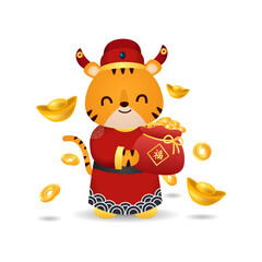 Cute tiger in Chinese costume holding a bag of gold coin as symbol of prosperity. Chinese text means: Fortune