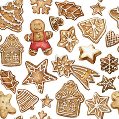 Fototapeta na wymiar Winter seamless patterns with gingerbread cookies. Awesome holiday watercolor background. Christmas repeating texture for surface design, wallpapers, fabrics, wrapping paper etc.