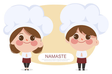 Obraz premium Cute cartoon chef and cook namaste greeting in the college uniform.