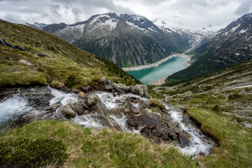 Fototapeta na wymiar Schlegeis Stausee lake view. Zillertal, Austria, Europe
