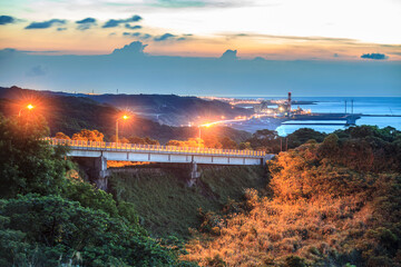 View of the Sea Bridge at sunset, New Taipei City, Taiwan