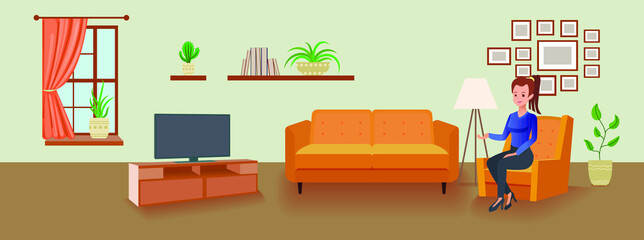 Vector Woman Sitting in the Room, Interior Background, TV set and Sofa, Different Decorations, Home Plants, Colorful Illustration.