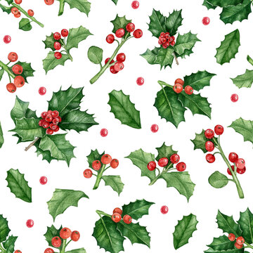 Seamless Christmas pattern with holly leaves and berry watercolor illustration. Elegance wallpaper with holly berry. 
