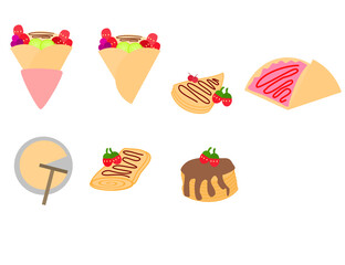 French crepes with strawberries and chocolate.Crapes and pancake.Flat design.Cartoon vector illustration.Sign, symbol, icon or logo for menu and restaurant.Clipart.