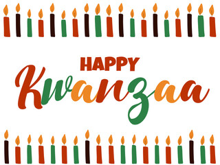 Happy Kwanzaa - banner with candles and cursive calligraphy lettering. African American ethnic heritage cultural holiday. Colorful bright greeting card, social media post