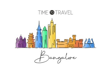 One single line drawing of Bangalore city skyline, India. Historical town landscape in world. Best holiday destination. Editable stroke trendy continuous line draw design vector graphic illustration