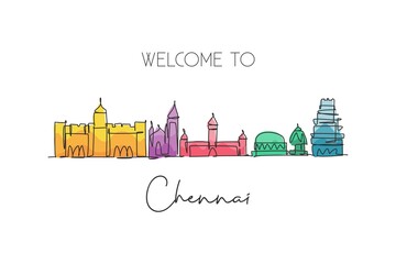 Single continuous line drawing of Chennai city skyline, India. Famous city scraper and landscape home decor wall art poster print. World travel concept. Modern one line draw design vector illustration