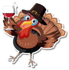 Turkey animal holding wine glass cartoon character sticker