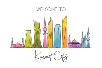 Obraz premium Single continuous line drawing of Kuwait city skyline Middle East. Famous city scraper and landscape home decor wall poster print. World travel concept. Modern one line draw design vector illustration