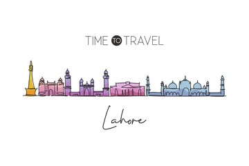 Obraz premium One continuous line drawing of Lahore city skyline, Pakistan. Beautiful city landmark. World landscape tourism and travel vacation. Editable stylish stroke single line draw design vector illustration