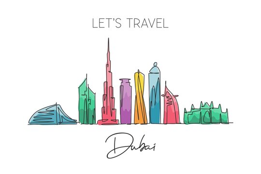 One single line drawing of Dubai city skyline, United Arab Emirates. Historical landscape postcard art. Best holiday destination. Editable stroke trendy continuous line draw design vector illustration
