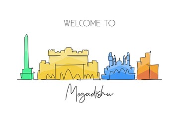 Naklejka premium One single line drawing city Mogadishu skyline, Somalia. Historical place landscape in world. Best holiday destination postcard. Editable stroke trendy continuous line draw design vector illustration