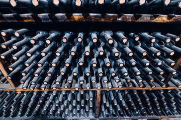 Obraz premium Shelves with aging alcohol glass bottles covered with dust at the wine cellar at the vintage winery.