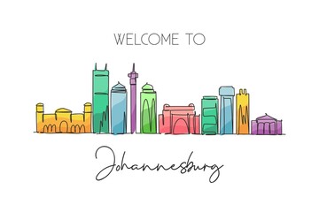 Obraz premium One continuous line drawing of Johannesburg city skyline, South Africa. Beautiful landmark wall decor poster print. World landscape tourism travel. Stylish single line draw design vector illustration