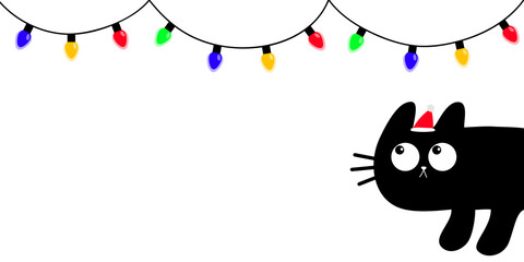 Christmas lights set. String fairy light. Lightbulb glowing garland. Cat kitten peeking around the corner. Kawaii cute cartoon pet. Merry Christmas. Greeting card print. Flat design. White background.