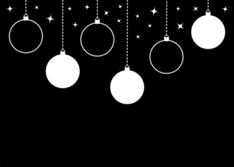 Fototapeta na wymiar Hanging Merry Christmas ball set. Dash line. Six round bauble toy. Stars Sparkles shining. Glowing star sparkle set. Happy New Year sign symbol. Flat design. Black background. Isolated