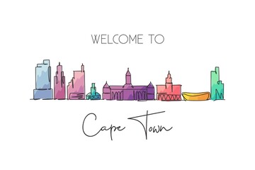 Obraz premium Single continuous line drawing of Cape Town skyline, South Africa. Famous city scraper landscape. World travel concept home wall decor poster print art. Modern one line draw design vector illustration