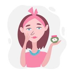 Hand drawn female character applies a cosmetic cream from a jar. Korean cosmetics beauty skin care concept. Vector cartoon illustration