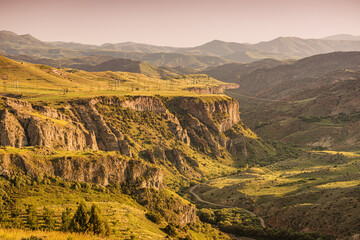 Scenic panorama view of the picturesque canyon and gorge carved into the rocks in Armenia near Jermuk town
