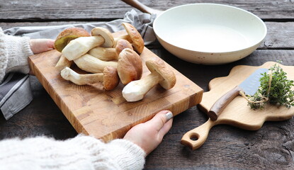 Woman holding fresh forest mushrooms on a dark background, Autumn cep mushrooms. Mushrooms picking and cooking